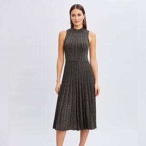 T-TAHARI METALLIC MOCK NECK DRESS black gold lurex